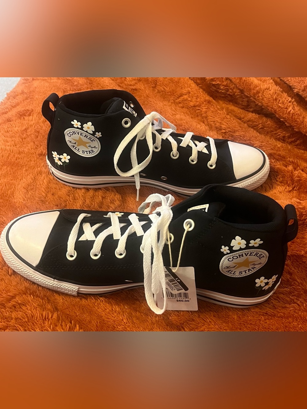 Converse Black High Top Sneakers with White Laces and Daisy Accents